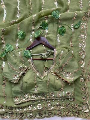 parrot green silk blend embroidered saree with sequins work 2