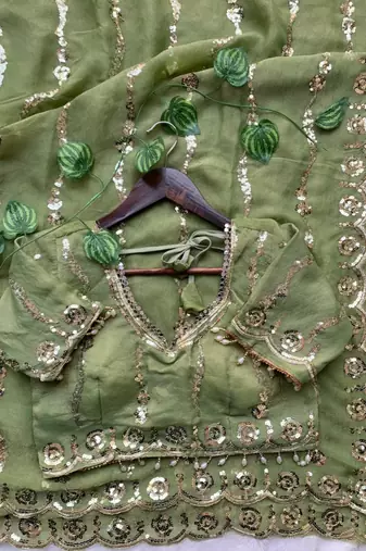 parrot green silk blend embroidered saree with sequins work