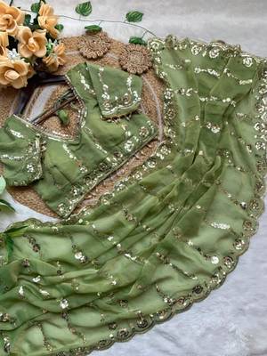 parrot green silk blend embroidered saree with sequins work 3