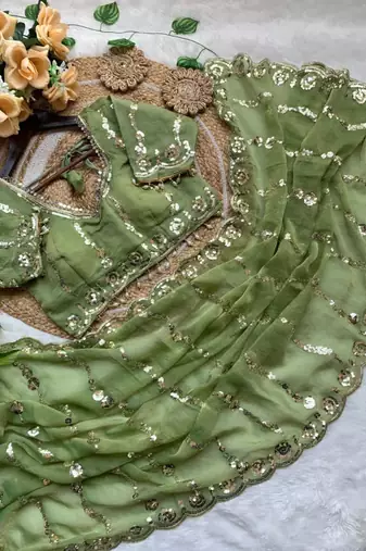 parrot green silk blend embroidered saree with sequins work