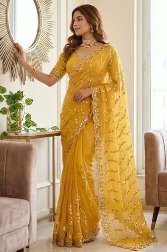 yellow silk blend embroidered saree with sequins work