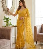 yellow silk blend embroidered saree with sequins work
