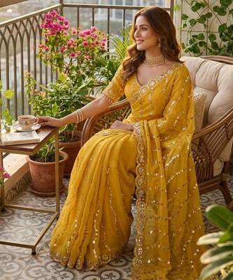 yellow silk blend embroidered saree with sequins work 2