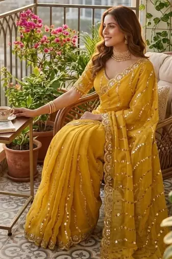 yellow silk blend embroidered saree with sequins work