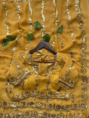 yellow silk blend embroidered saree with sequins work 4