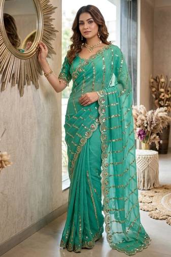 sky blue silk blend embroidered saree with sequins work