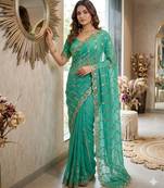 sky blue silk blend embroidered saree with sequins work