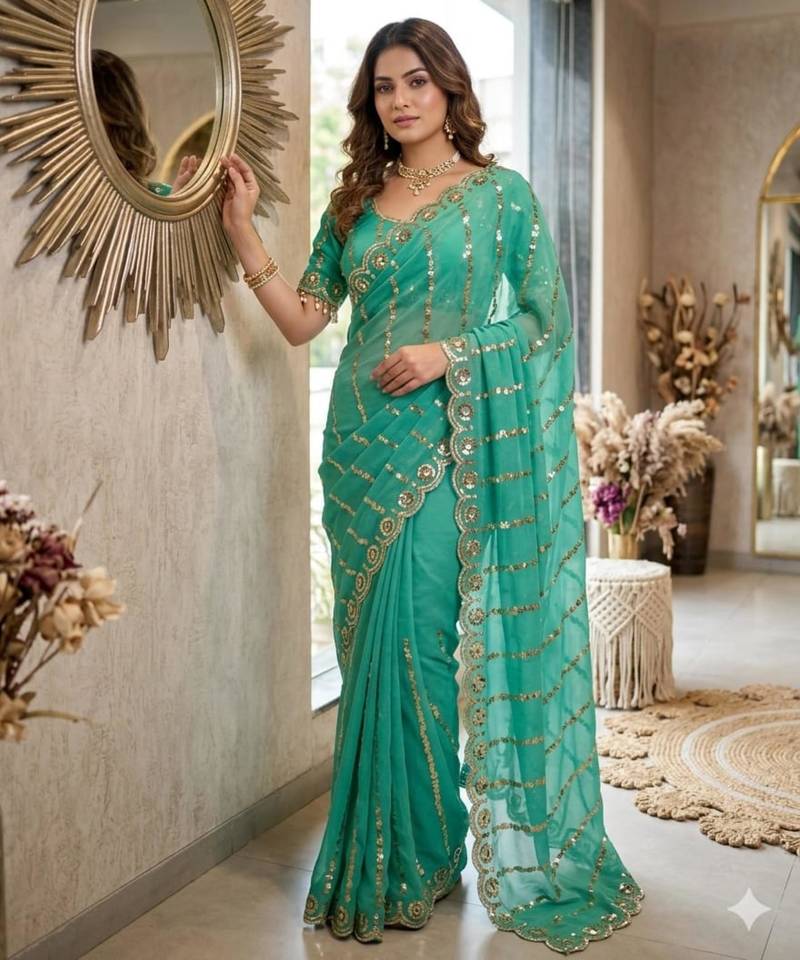 sky blue silk blend embroidered saree with sequins work
