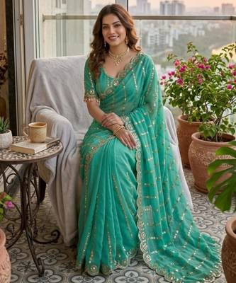 sky blue silk blend embroidered saree with sequins work 2