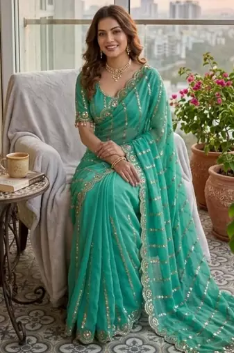 sky blue silk blend embroidered saree with sequins work