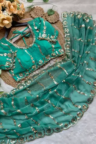 sky blue silk blend embroidered saree with sequins work