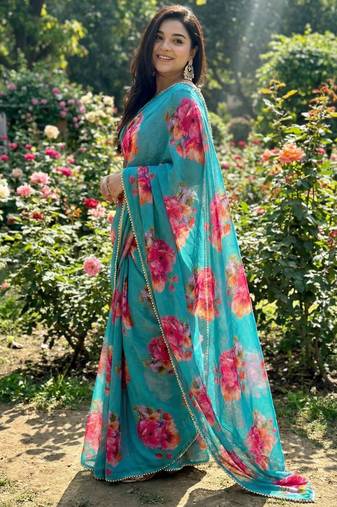 Blue georgette printed saree with floral print