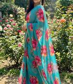 Blue georgette printed saree with floral print
