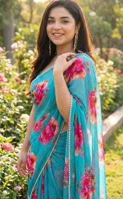 Blue georgette printed saree with floral print 2