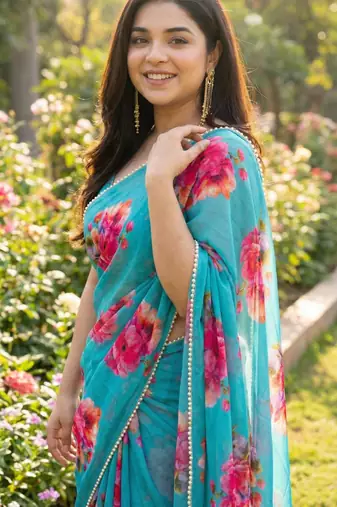 Blue georgette printed saree with floral print