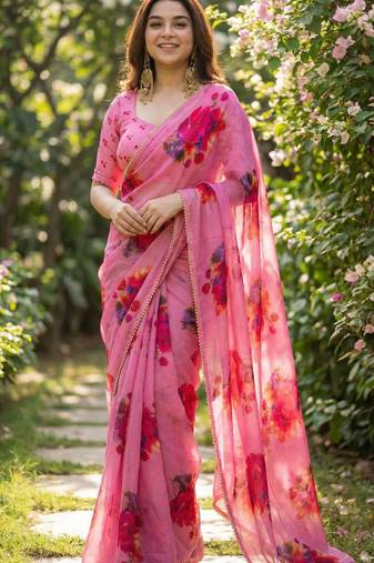 Pink georgette printed saree with floral print