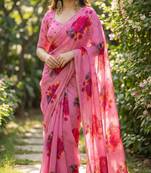 Pink georgette printed saree with floral print