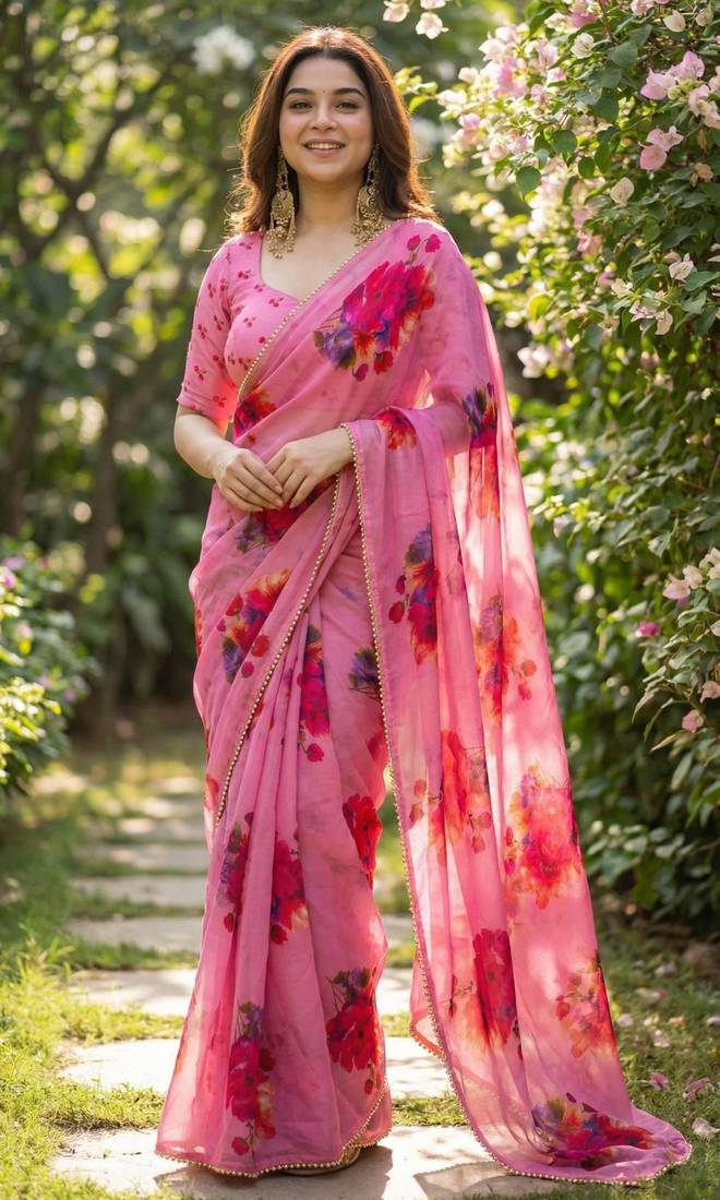 Pink georgette printed saree with floral print