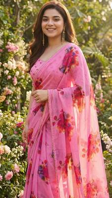 Pink georgette printed saree with floral print 2