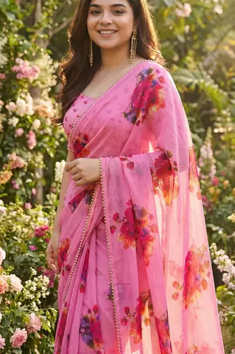 Pink georgette printed saree with floral print