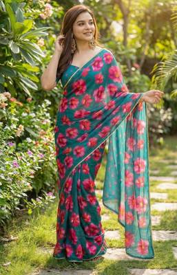 Teal georgette printed saree with floral print 2