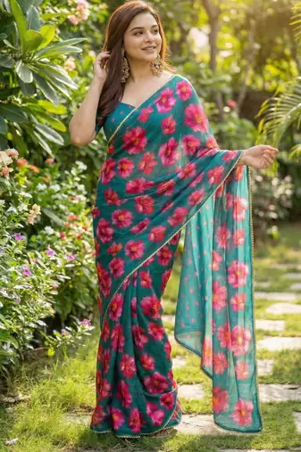 Teal georgette printed saree with floral print