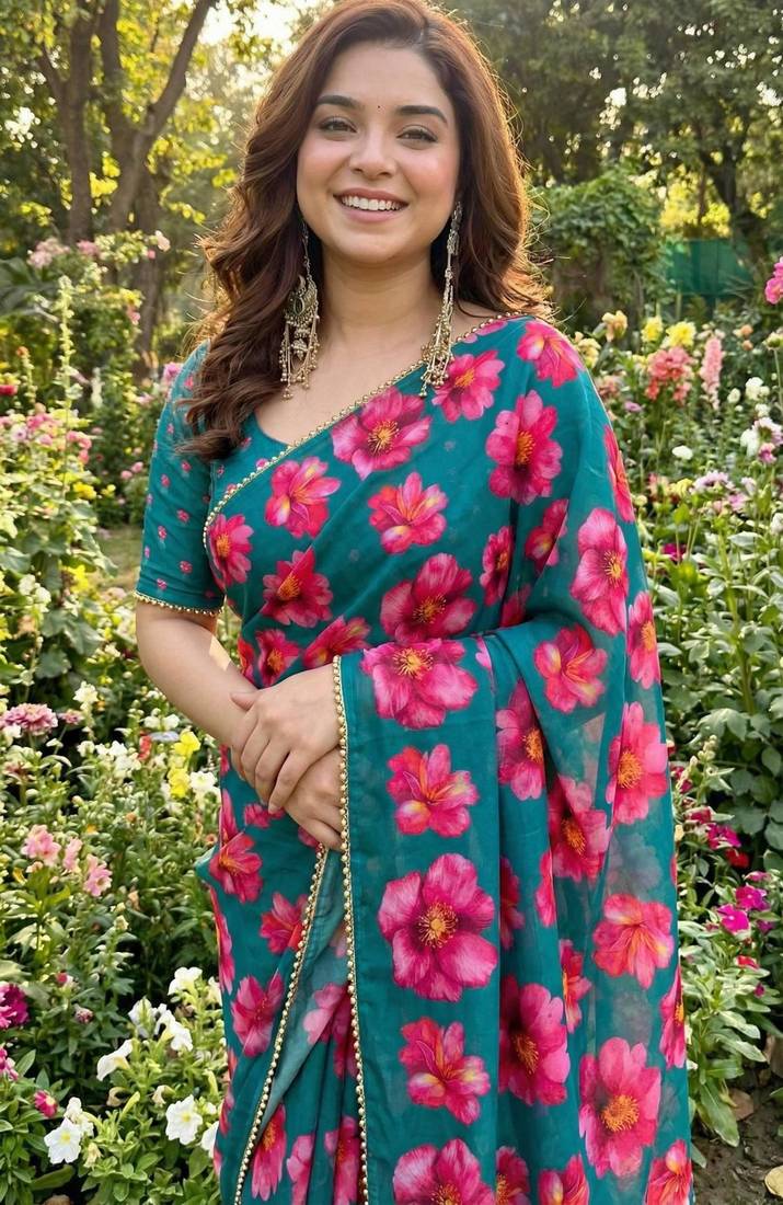 Teal georgette printed saree with floral print