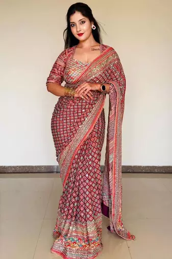 red silk blend printed saree with abstract print