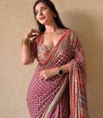red silk blend printed saree with abstract print