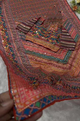 red silk blend printed saree with abstract print