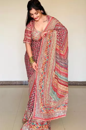 red silk blend printed saree with abstract print
