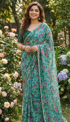 Green georgette printed saree with floral print 1