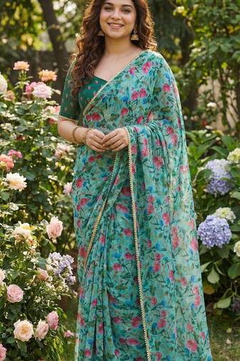 Green georgette printed saree with floral print