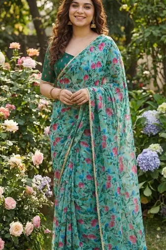 Green georgette printed saree with floral print