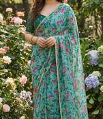 Green georgette printed saree with floral print