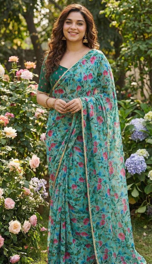 Green georgette printed saree with floral print