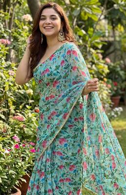 Green georgette printed saree with floral print 2