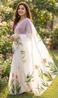 White georgette printed saree with floral print 1