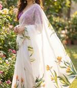 White georgette printed saree with floral print