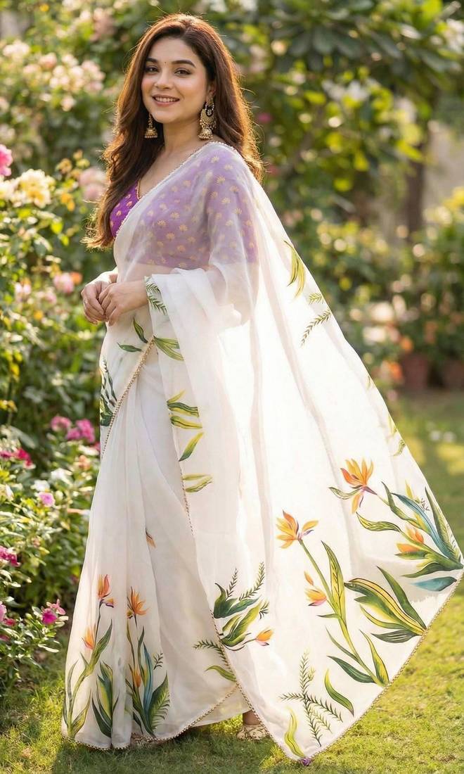 White georgette printed saree with floral print