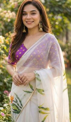 White georgette printed saree with floral print 2
