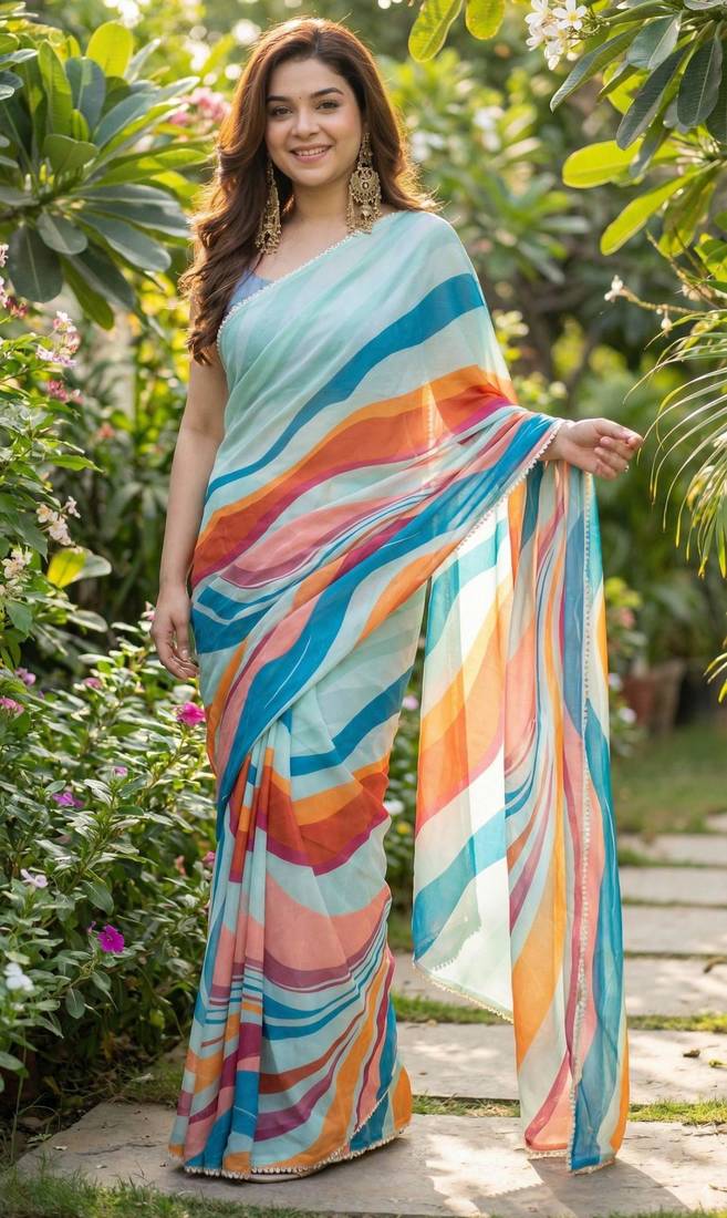 Multicolor georgette printed saree with floral print