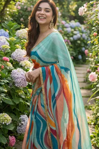 Multicolor georgette printed saree with floral print