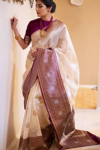 beige silk blend  saree with zari work