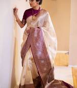 beige silk blend  saree with zari work