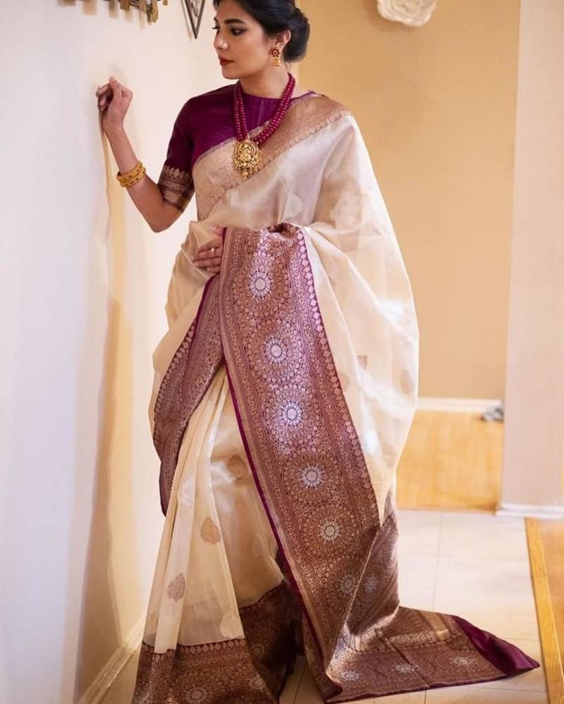beige silk blend  saree with zari work