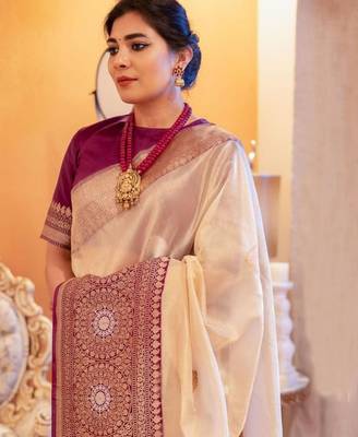 beige silk blend  saree with zari work 2