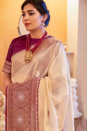 beige silk blend  saree with zari work