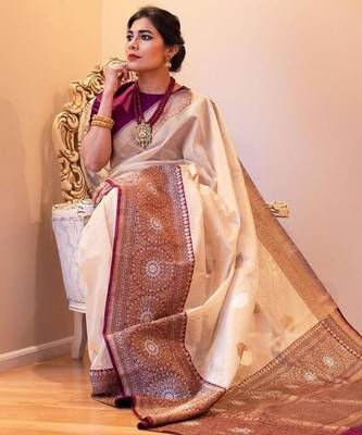 beige silk blend  saree with zari work 4