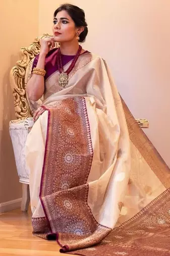 beige silk blend  saree with zari work